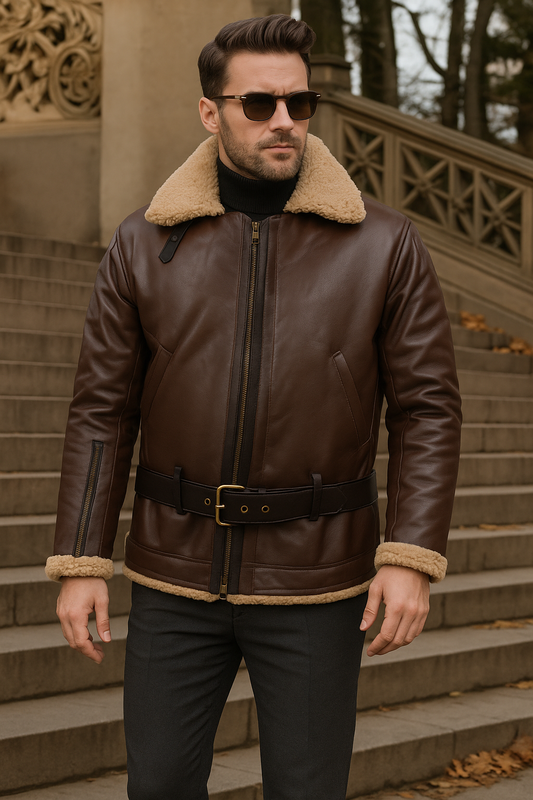 Men's Sheepskin Flying Jacket Warm Shearling Brown - Fashinoza