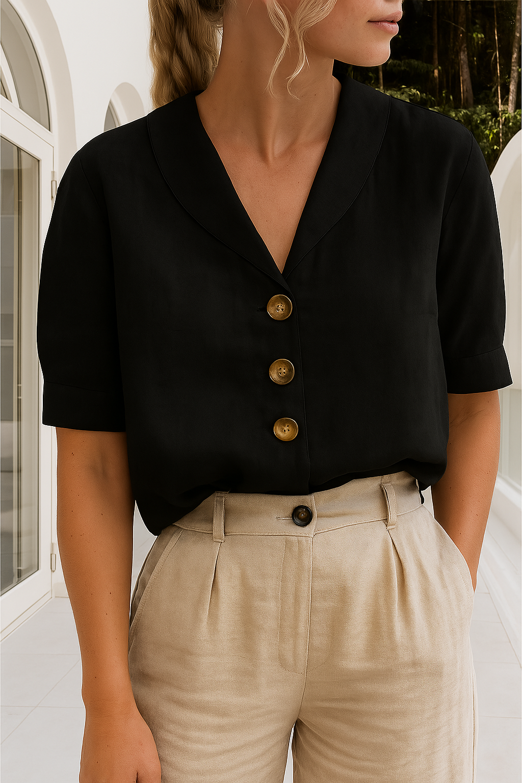 Women's Short Sleeve Button Up Blouse