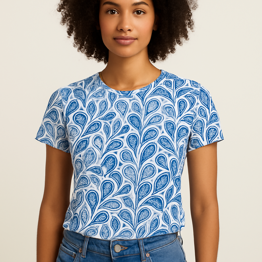 Women's Blue Graphic T-Shirt Round Neck Short Sleeves - Fashinoza