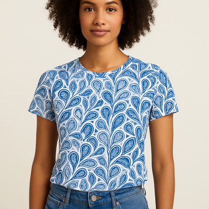 Women's Blue Graphic T-Shirt Round Neck Short Sleeves - Fashinoza