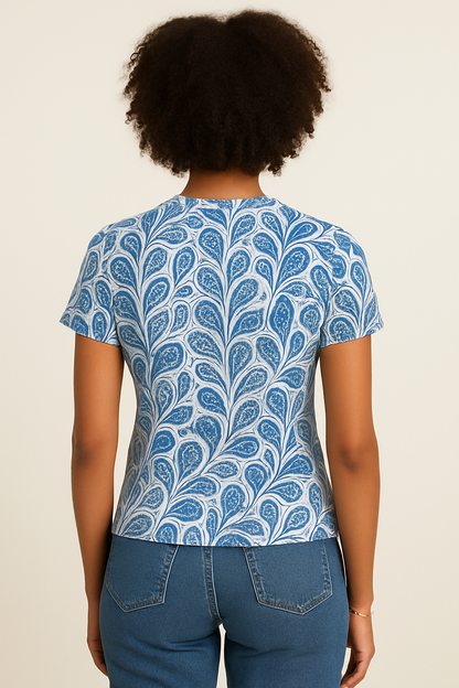 Women's Blue Graphic T-Shirt Round Neck Short Sleeves