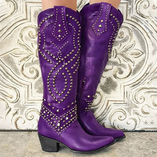 Women's Studded Western Cowboy Boots - Fashinoza