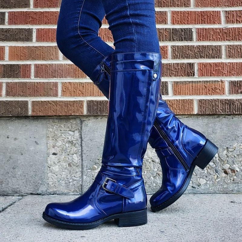 Women's Knee-High Boots Round Toe Leather Black