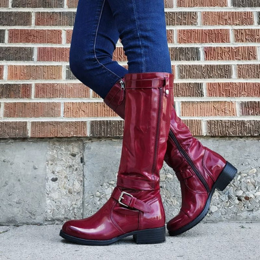 Women's Knee-High Boots Round Toe Leather Black - Fashinoza