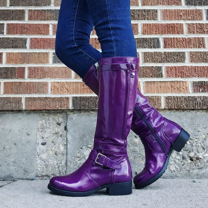 Women's Knee-High Boots Round Toe Leather Black