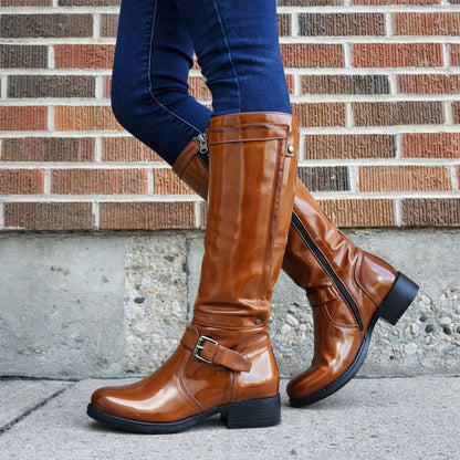 Women's Knee-High Boots Round Toe Leather Black