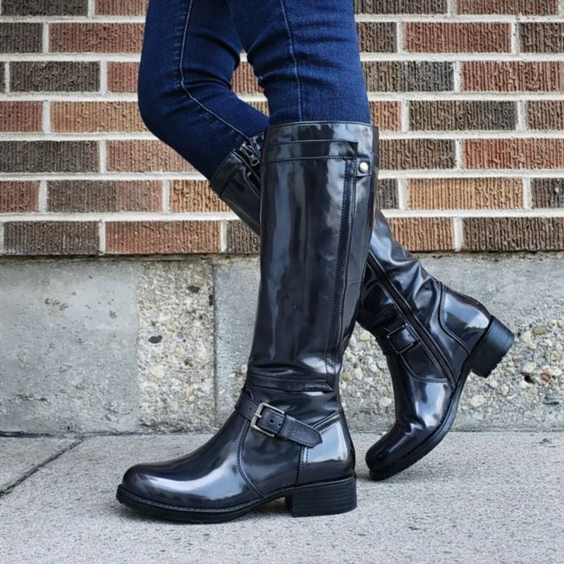Women's Knee-High Boots Round Toe Leather Black