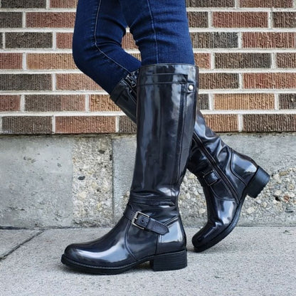 Women's Knee-High Boots Round Toe Leather Black