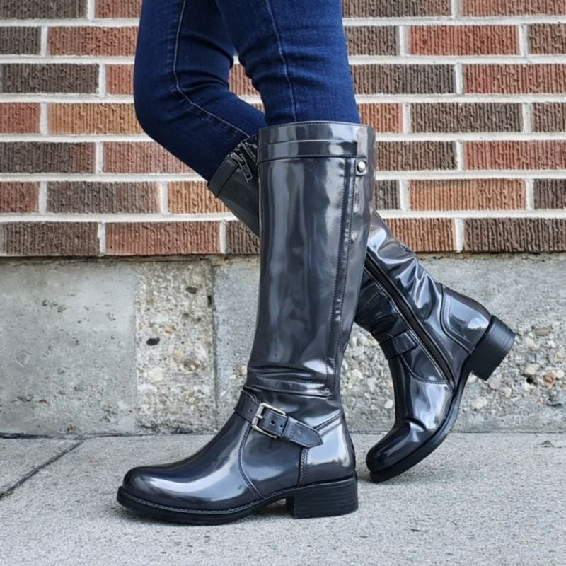 Women's Knee-High Boots Round Toe Leather Black