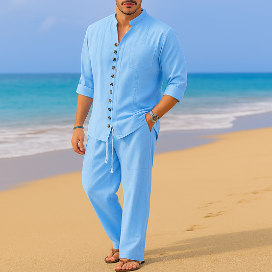 Men's Cotton Linen Pullover Shirt - Fashinoza