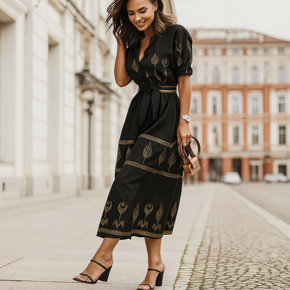 Linen Blend Casual Dress Belted Waistline - Fashinoza