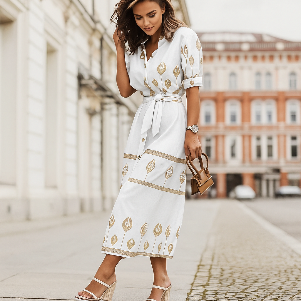 Linen Blend Casual Dress Belted Waistline
