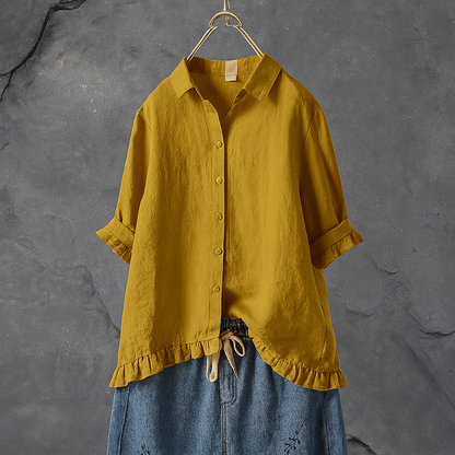 Women's Cotton Blouse Button Down Ruffled Hem - Fashinoza