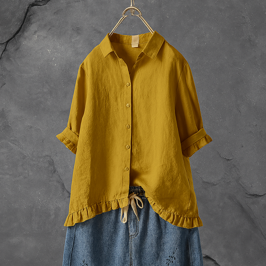 Women's Cotton Blouse Button Down Ruffled Hem - Fashinoza