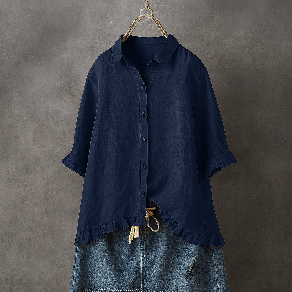 Women's Cotton Button Down Blouse Ruffled Hem