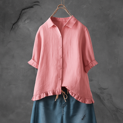 Women's Cotton Blouse Button Down Ruffled Hem
