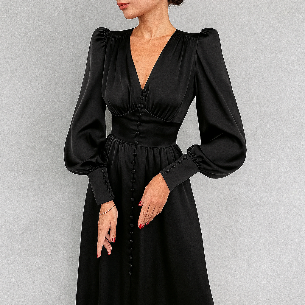 Women's V-Neck Midi Dress Silky Puff Sleeves - Fashinoza