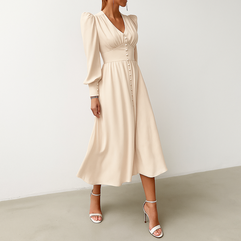 Women's V-Neck Midi Dress Silky Puff Sleeves