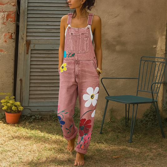 Women's Denim Jumpsuit Floral Pattern - Fashinoza