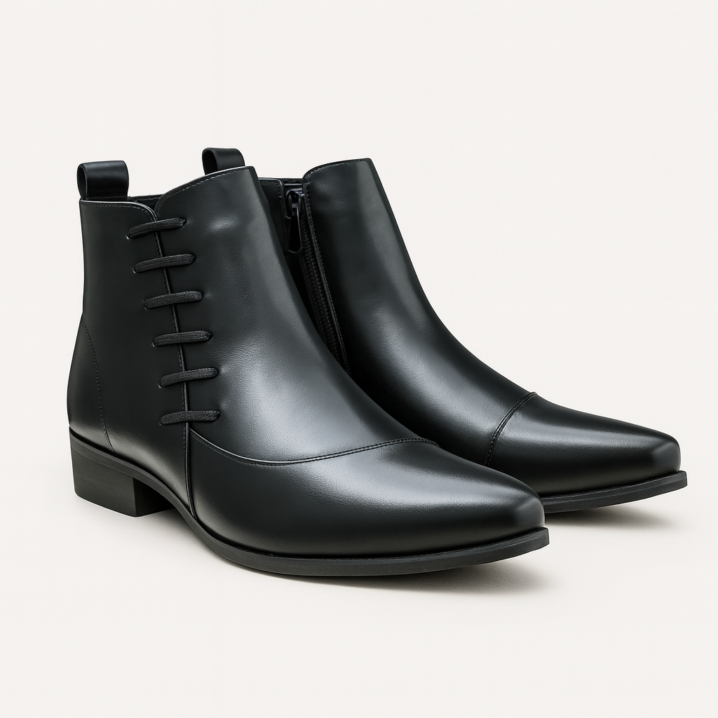 Men's Leather Chelsea Boots Polished Lace Up Black - Fashinoza