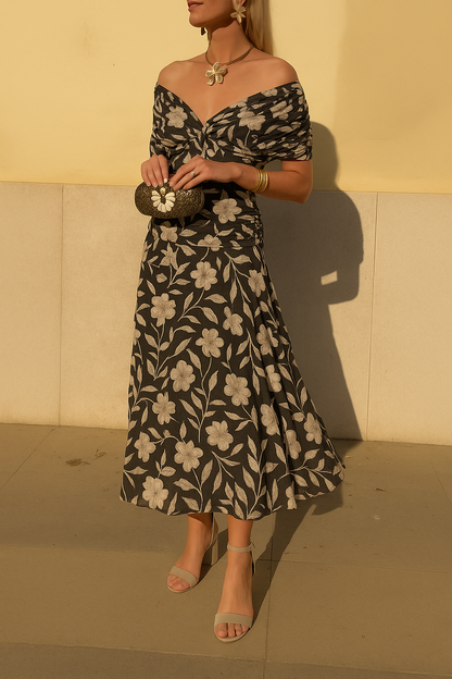 Women's Off Shoulder Midi Dress Floral Print - Fashinoza