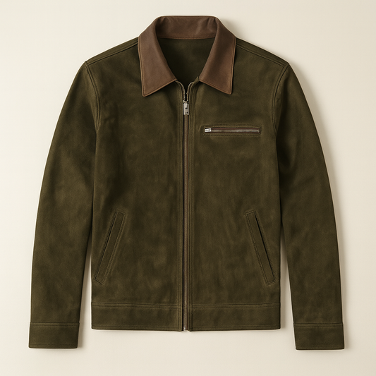 Men's Dark Green Suede Jacket Classic Field Style - Fashinoza