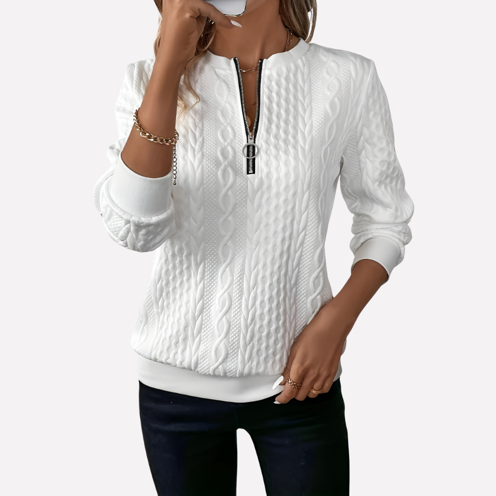 Women's Cable Knit Sweater Zippered Neckline - Fashinoza
