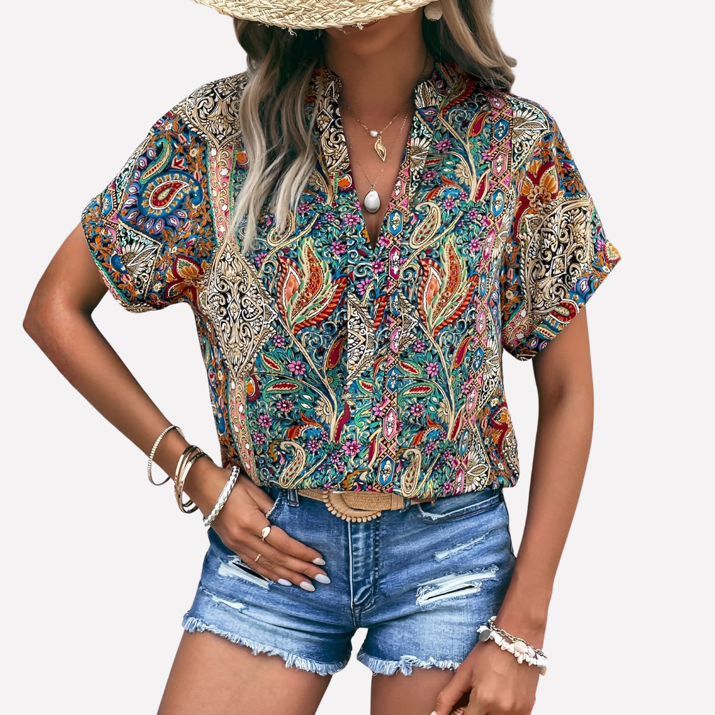 Women's Paisley Blouse V-Neck Drop Shoulder