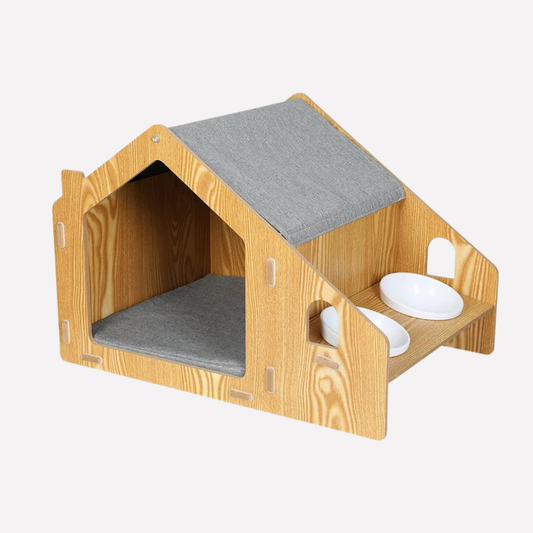 Wooden Cat House Elevated Double Feeder - Fashinoza