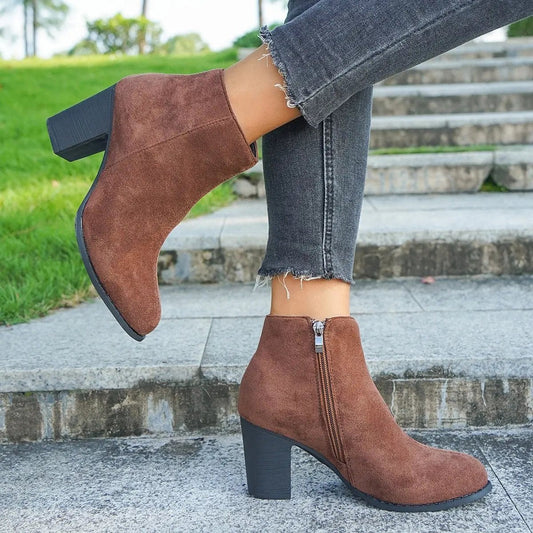 Women's Brown Ankle Boots Block Heel Comfortable - 
Fashinoza