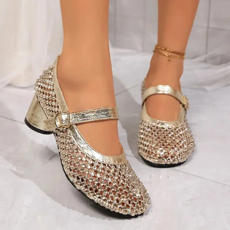 Women's Cutout Heels Black Gold Buckle - 
Fashinoza