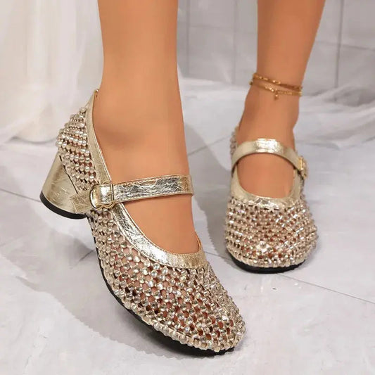 Women's Cutout Heels Black Gold Buckle - 
Fashinoza