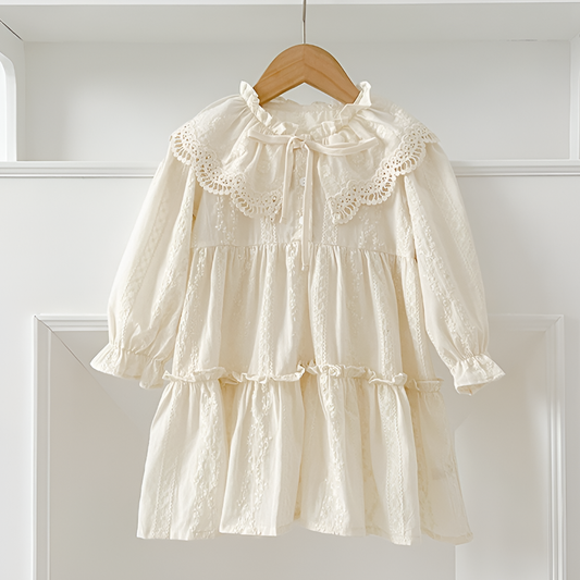 Girls Vintage Dress Lace Collar Long Sleeves - Fashinoza