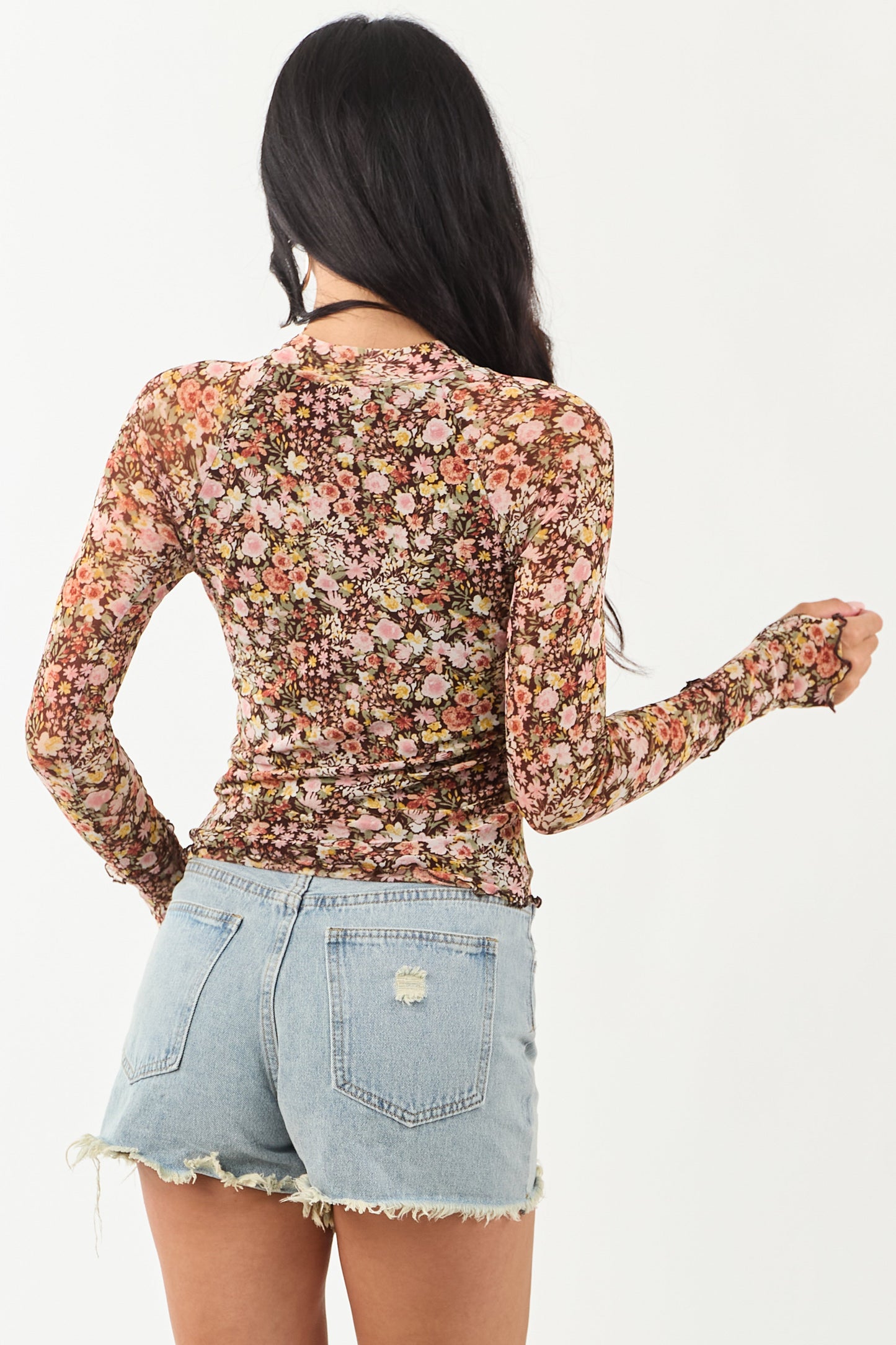 Women's Floral Print Mesh Long Sleeve Chocolate