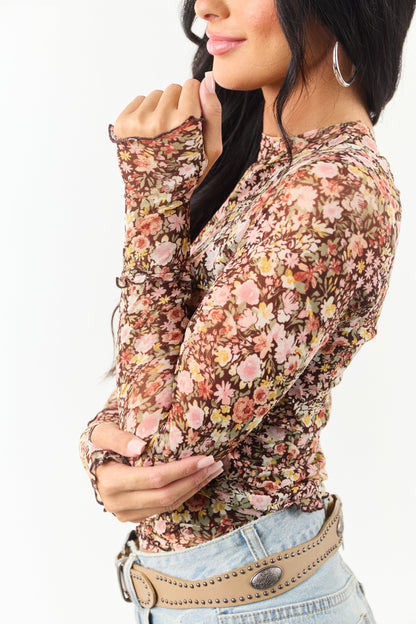 Women's Floral Print Mesh Long Sleeve Chocolate