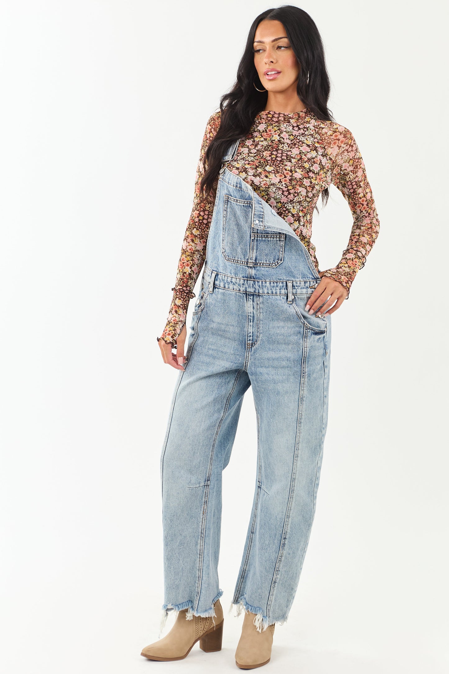 Women's Floral Print Mesh Long Sleeve Chocolate