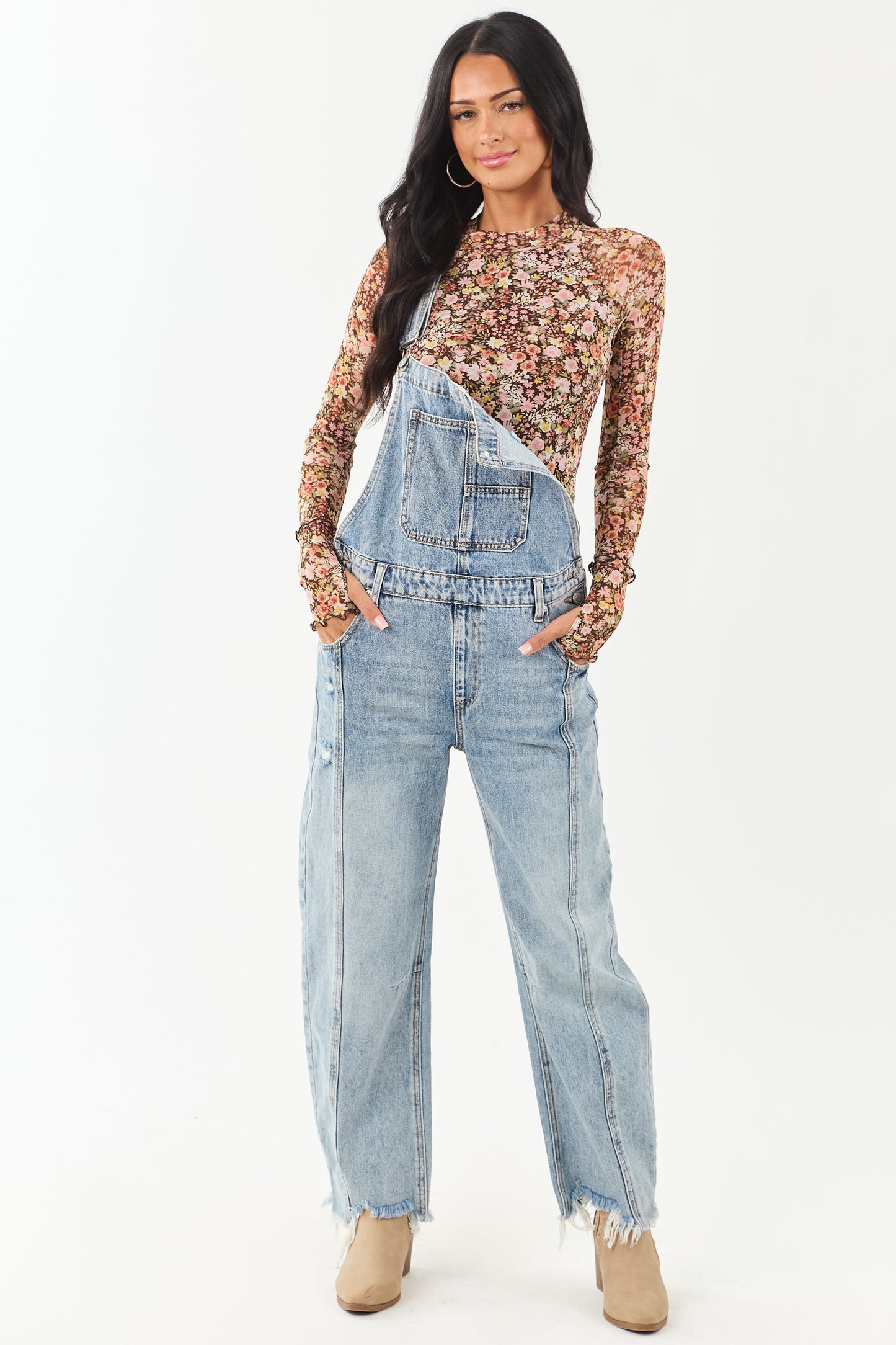 Women's Floral Print Mesh Long Sleeve Chocolate