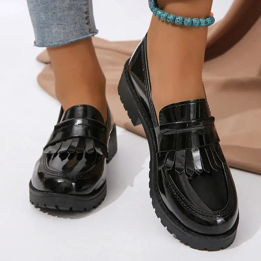 Women's Black Chunky Loafers Fringe Detail - 
Fashinoza