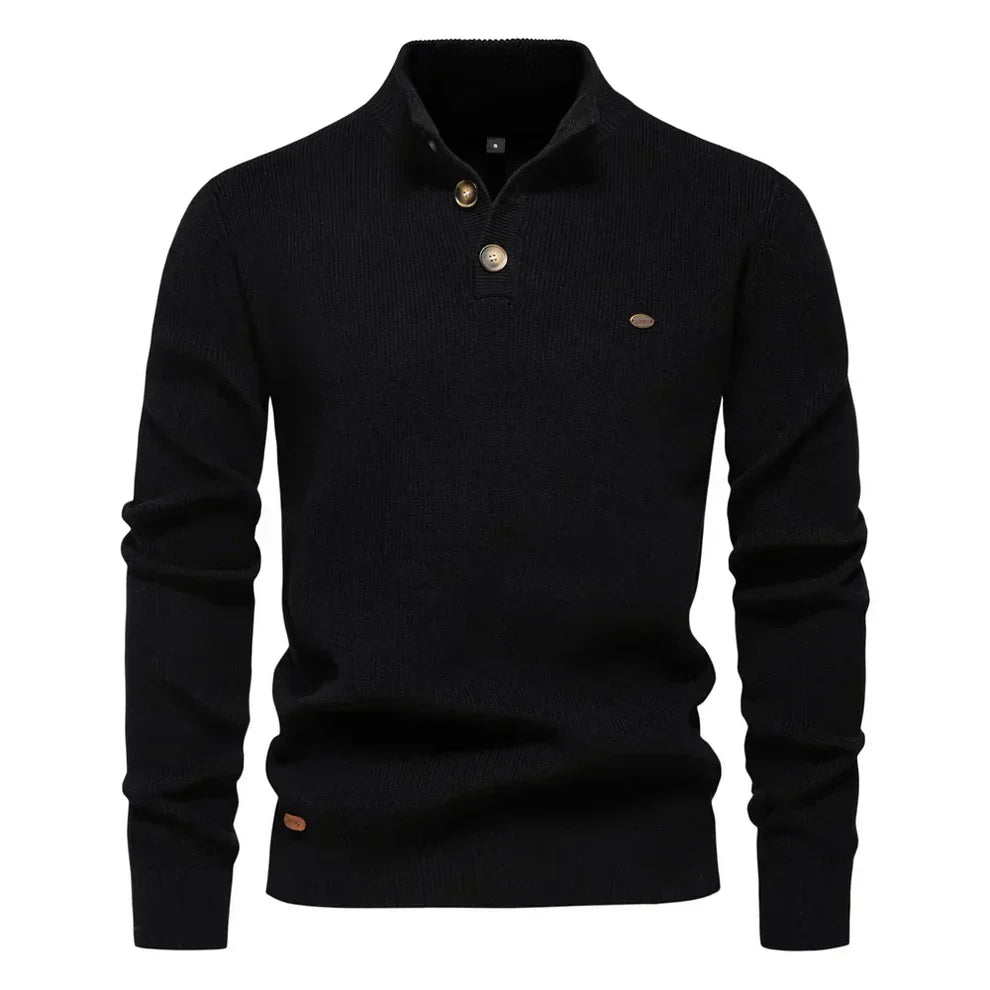 Men's Knitted Sweater Tailored Fit Button-Up Stand Collar