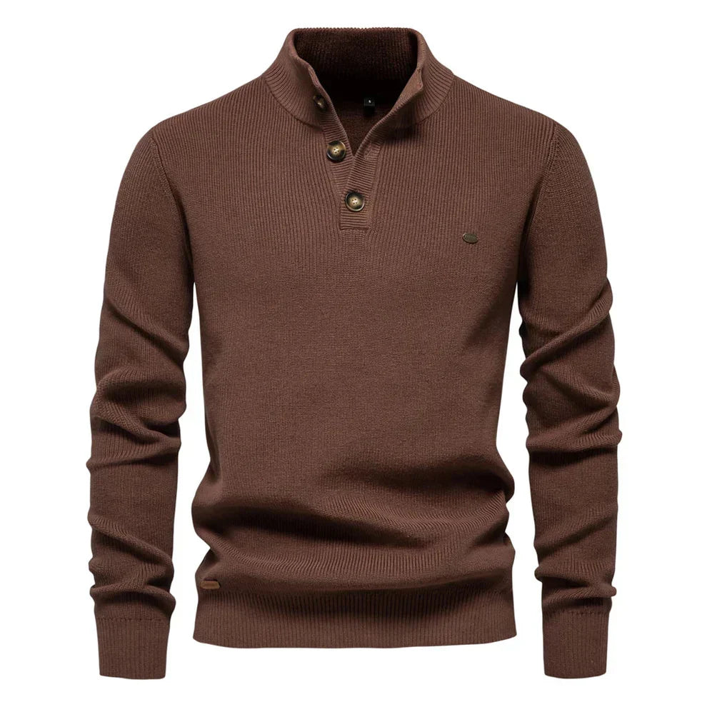 Men's Knitted Sweater Tailored Fit Button-Up Stand Collar
