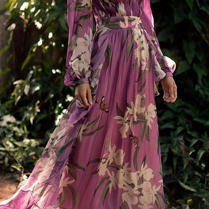 Women's Maxi Dress Floral V-Neck Balloon Sleeves