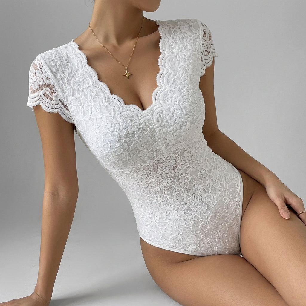Women's Lace Bodysuit V-Neck Scalloped Trim