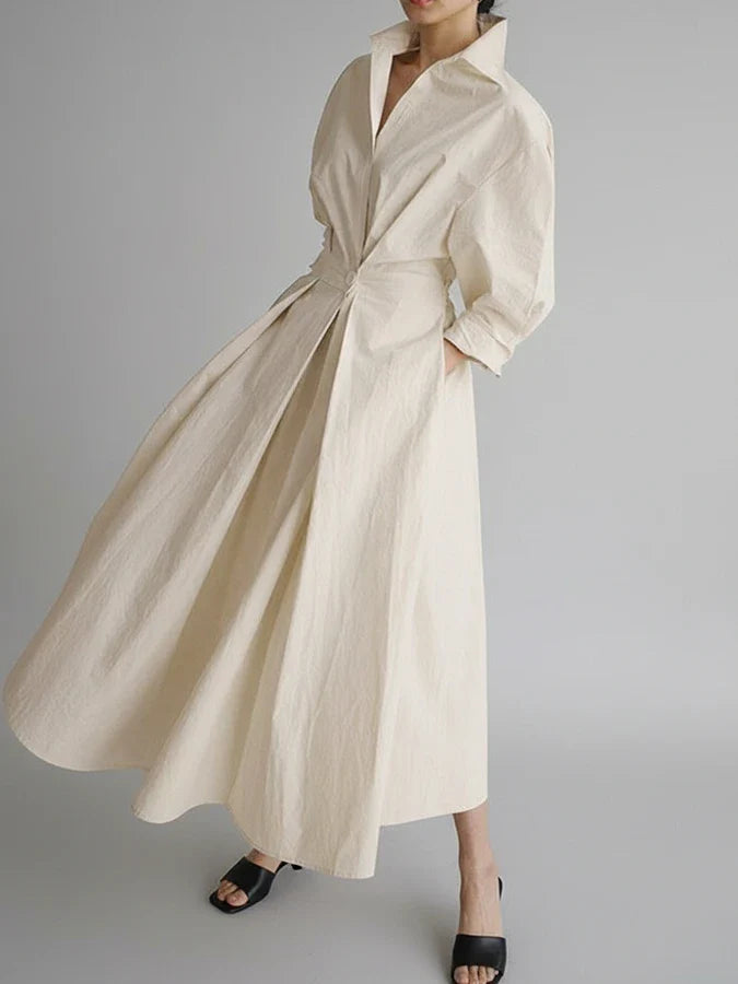 Women's A-Line Midi Dress With Collar - Fashinoza