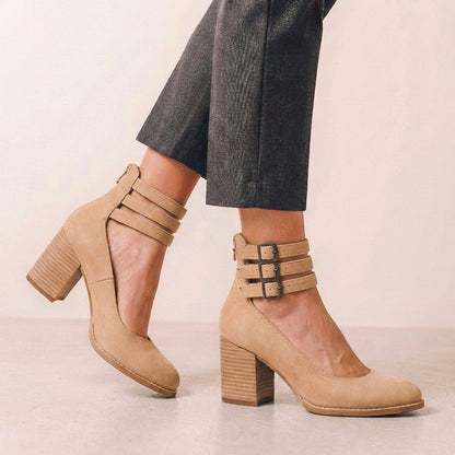 Vegan Leather Block Heel Pumps With Buckle Ankle Strap