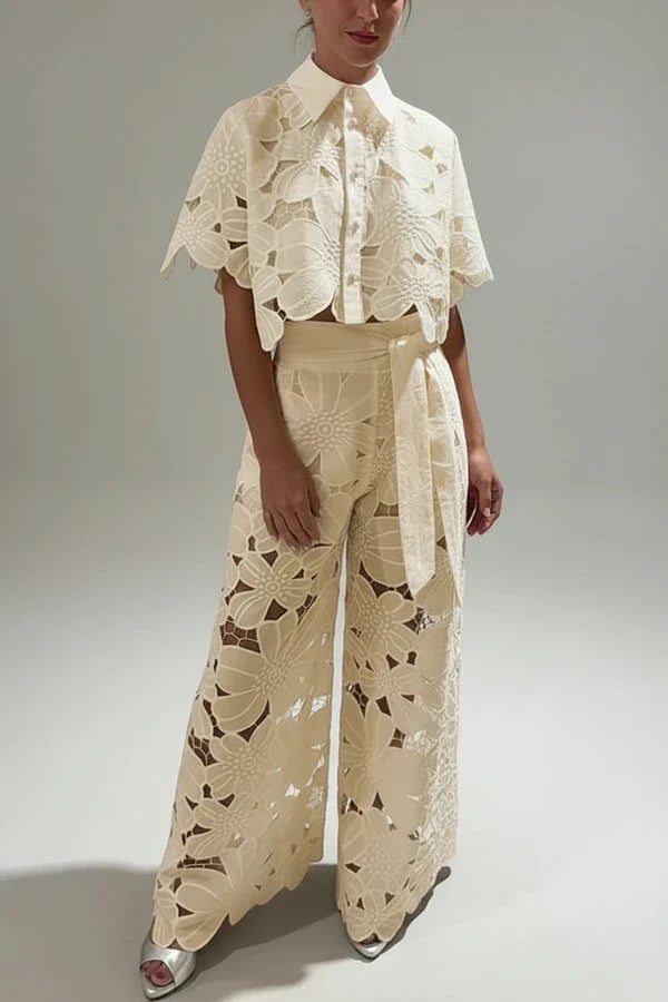 Women's Wide Leg Cutout Pants Set - Fashinoza