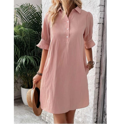 Women's Button Down Shirt Dress 3/4 Sleeve Knee Length