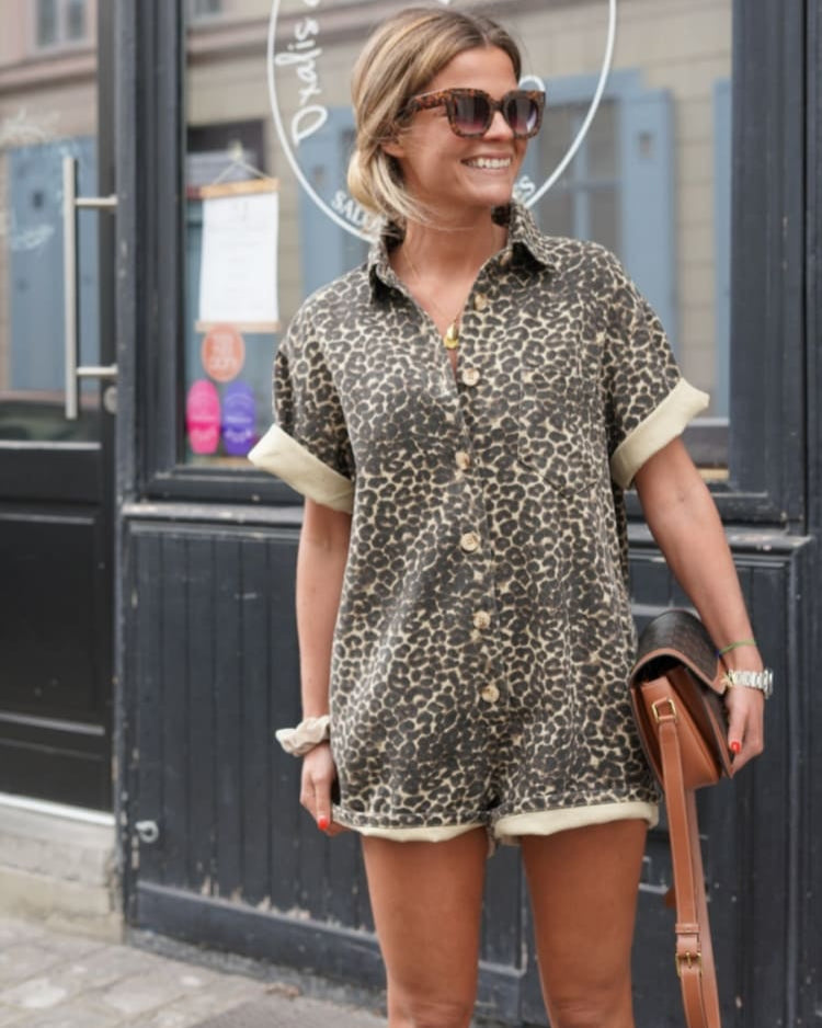 Women's Leopard Print Romper Short Sleeves