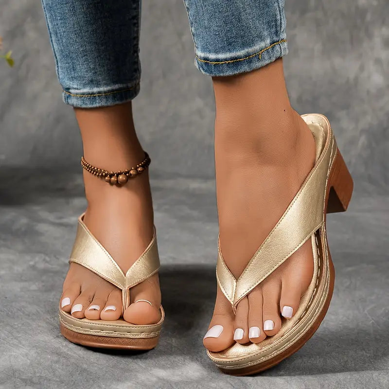 Women's Block Heel Sandals Thong Straps - Fashinoza