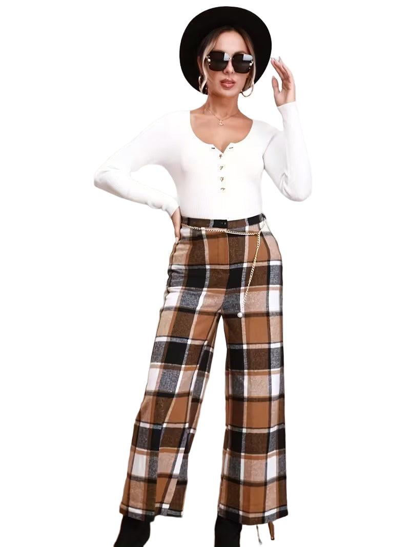 Women's Wide Leg Check Trousers - 
Fashinoza