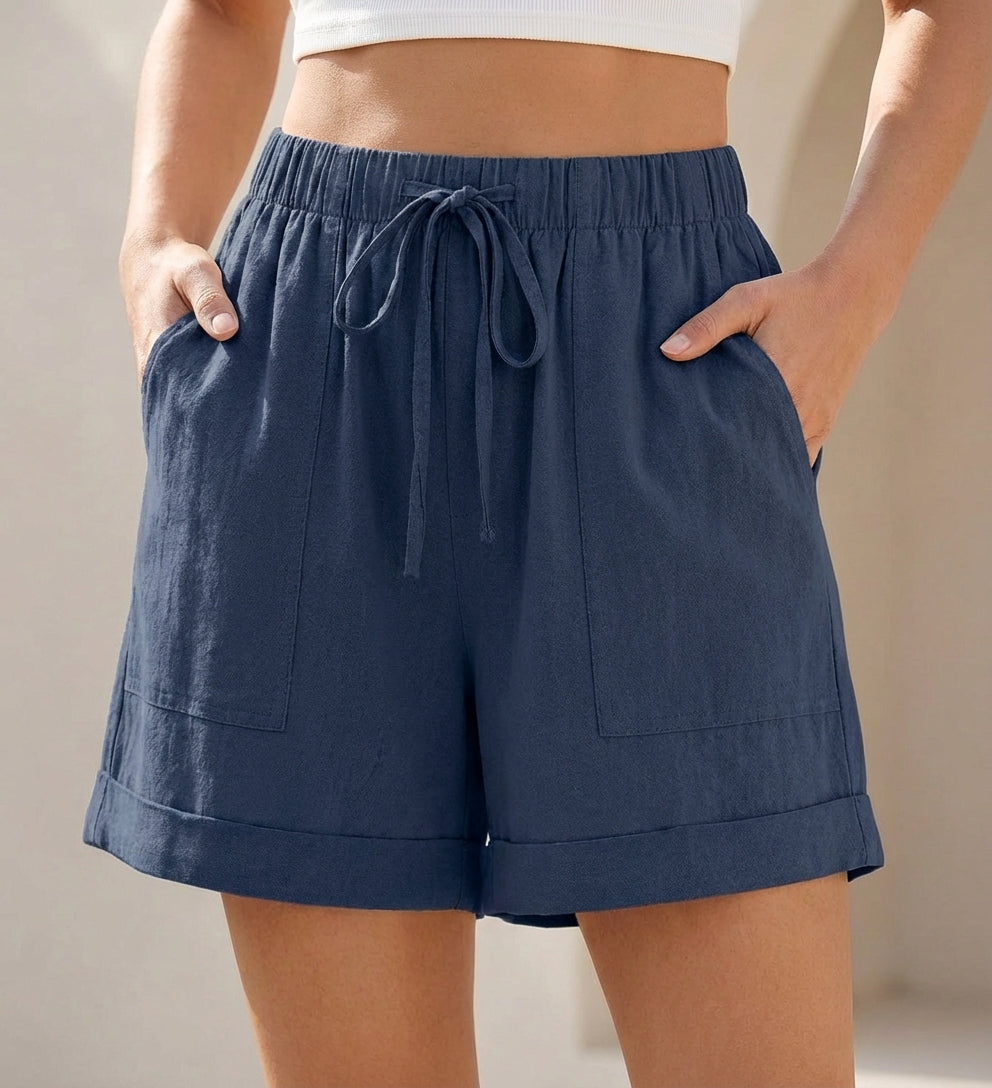 Relaxed Fit Drawstring Shorts Cotton Cuffed Hem